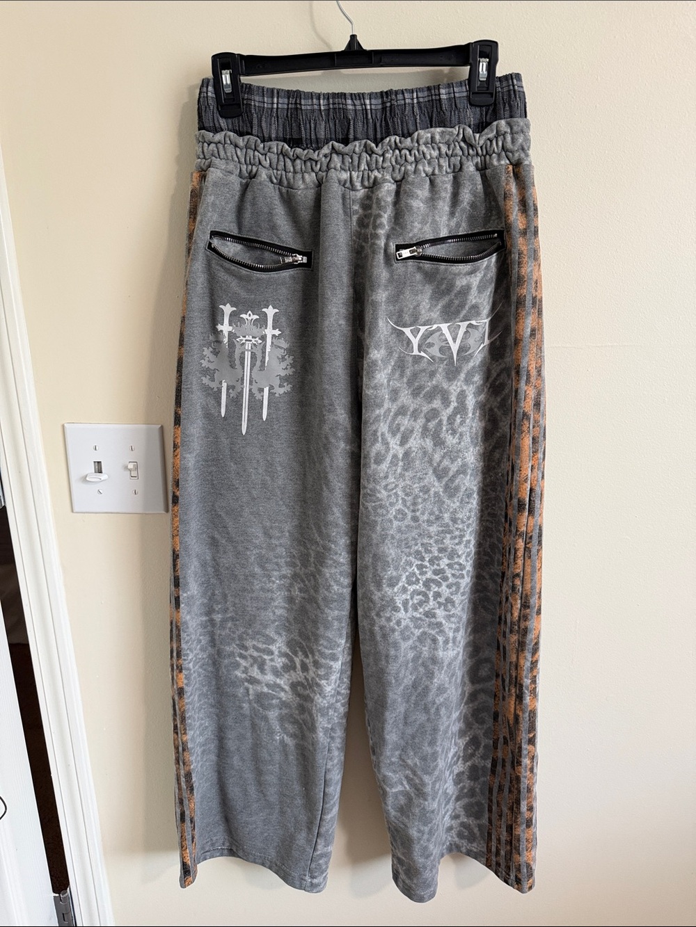Men's Gray Leopard-Print Casual Pants with Brown Side Stripe